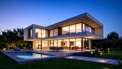 Modern Luxury Home Illuminated at Dusk with Pool and Starry Sky