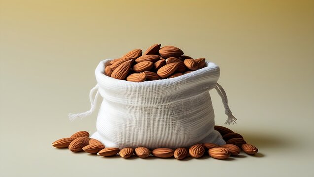 Close up of a burlap sack full of natural almonds spilling onto a neutral surface in soft studio light - Powered by Adobe