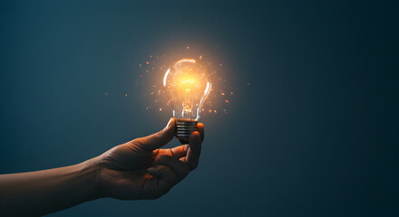 Hand holds a glowing light bulb, symbolizing inspiration and a brilliant idea. A conceptual image for creativity, innovative solutions, and technological breakthroughs on a dark background.