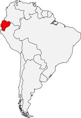 Map of South America highlighting Ecuador. Ideal for geographic studies, ecotourism projects, or content about the Galapagos Islands and Andes Mountains.