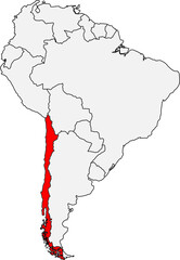 Map of South America highlighting Chile. Ideal for geographic studies, tourism projects, or content about its diverse landscapes and long coastline