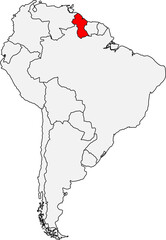 Map of South America highlighting Guyana. Ideal for geographic studies, environmental projects, and content about its unique culture and rainforest.
