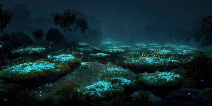 Enchanted glowing underbrush with bioluminescence lighting the floating sky islands