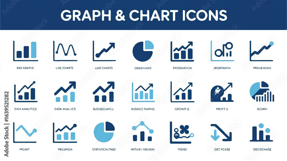 Aufkleber a set of 24 minimalist graph and chart icons arranged in a 4x6 grid layout against a white backgroun
