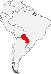 Map of South America highlighting Paraguay. Ideal for geographic studies, agribusiness projects, or content about its unique landlocked position and culture