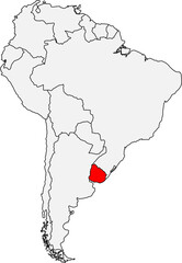 Map of South America highlighting Uruguay. Ideal for geographic studies, agricultural projects, or content about its role in Mercosur