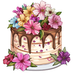 Delicious Chocolate Drizzled Cake Decorated with Vibrant Flowers for Birthday Celebration