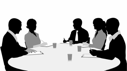 Silhouettes of business people sitting around a table in a meeting with cups and papers present at the table | editable eps vectors