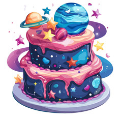 Delicious Galaxy Space Cake with Planets Stars and Icing Drips