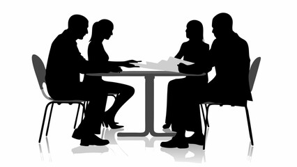 Silhouette illustration of four people sitting at a table discussing documents in a business meeting | editable eps vectors