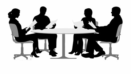 Four silhouettes of people sitting around a table reading documents in a business meeting setting | editable eps vectors