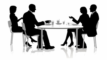 Silhouette illustration of four business people in a meeting at a round table with drinks and plates | editable eps vectors