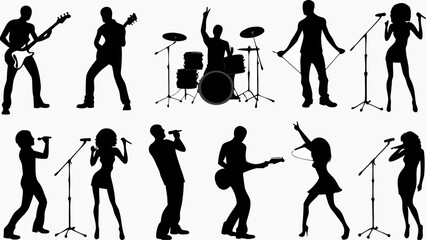 Obraz premium Silhouette illustration of a music band performing on stage with various instruments and singers shown | editable eps vectors