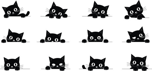 Cute black cat peeking set, expressive feline faces clipart, playful kitty illustrations, cartoon cat emotions, pet vector graphics