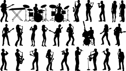 Silhouette illustration of a band performing with various instruments on a white background design art | editable eps vectors