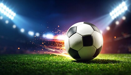 Dramatic Soccer Ball on Grassy Field Under Stadium Lights