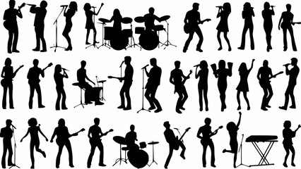 Silhouette illustration of a band performing with various instruments and vocalists on a white background | editable eps vectors