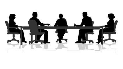 Silhouette of five people sitting around a long table in a meeting with chairs and white background scene | editable eps vectors
