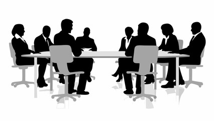 Silhouette of business people sitting around a conference table in a meeting discussion session room | editable eps vectors