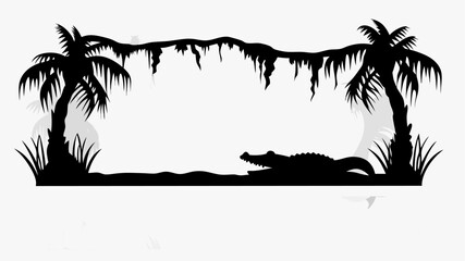 Silhouette of a swamp with palm trees hanging vines and an alligator in the water in black and white   editable eps vectors © Adeel