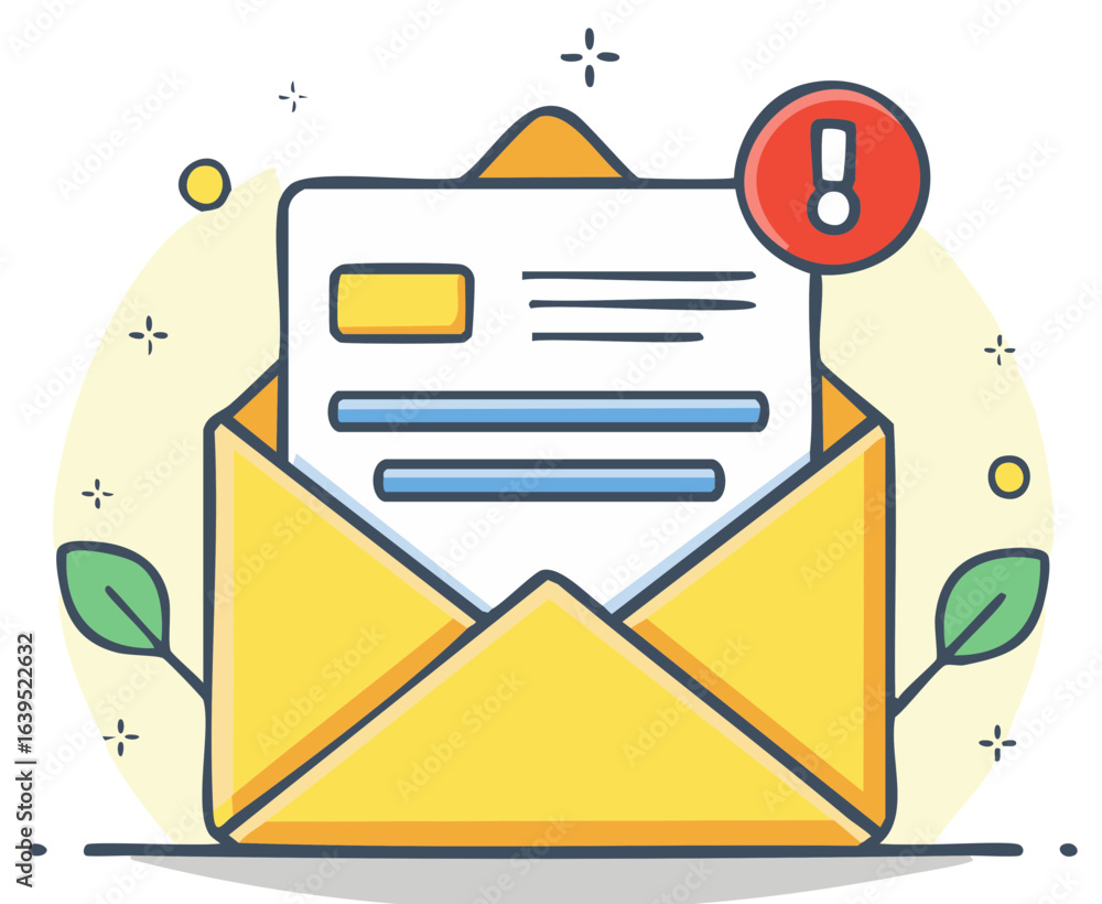 Poster important new email message notification with red exclamation mark alert icon for communication