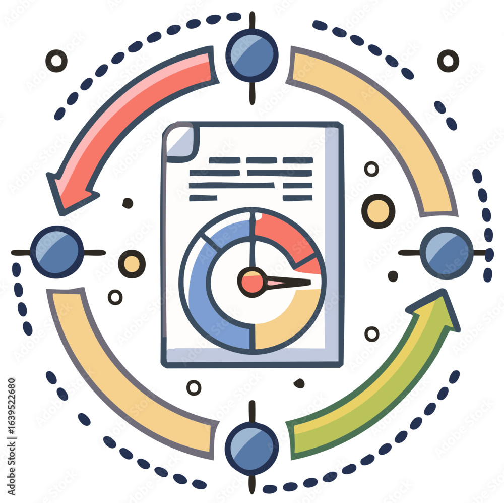 Poster hand drawn illustration of a business process workflow with a data analysis report and circular arro