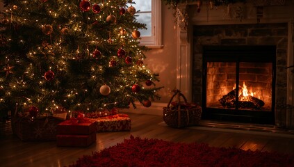 A christmas tree decorated with lights and ornaments near a fireplace in a cozy room setting indoors