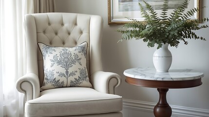 Fototapeta premium Comfortable armchair with decorative pillow and plant on side table in a well decorated living room