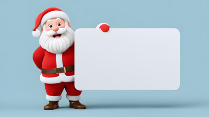 3D cartoon Santa on light blue background holding a blank white sign. A perfect mockup for festive offers, Christmas messages, or digital promotions.