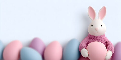 Obraz premium Cute pink Easter bunny figurine among pastel eggs, festive spring decoration concept.