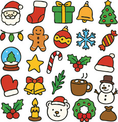 Fototapeta premium A colorful collection of hand-drawn Christmas doodle icons. Cute festive illustrations for winter holiday celebration and seasonal design.