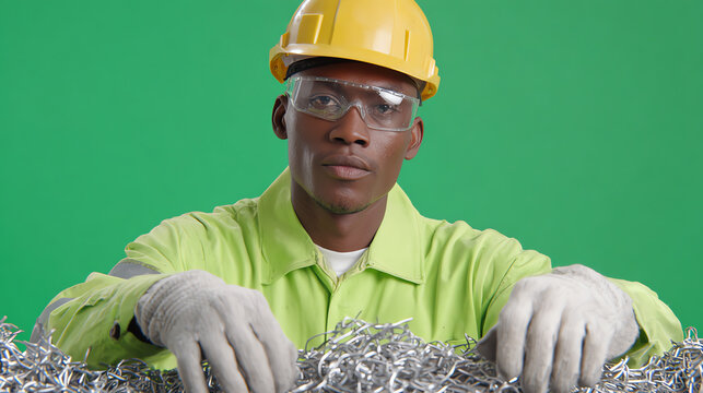 A construction worker wearing safety gear, including a hard hat and gloves, inspects metal scrap to ensure quality and safety.