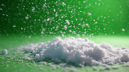 Fine white powder scatters against a vibrant green background, creating a mesmerizing visual effect.