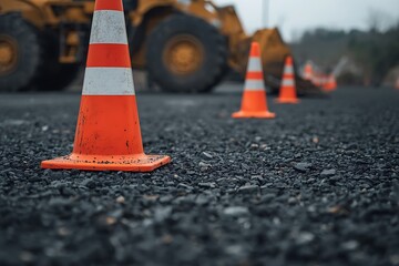 Road construction site with orange traffic cones and heavy equipment for safety and warning on asphalt surface
