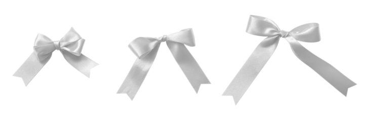 Silver bow ribbon band satin grey stripe fabric ( PNG isolated on transparent background) for Christmas holiday gift box, greeting card banner, present wrap design decoration ornament
