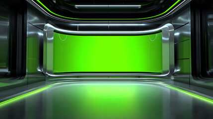 Futuristic interior with a green screen backdrop, ideal for presentations, video production, or creative designs.