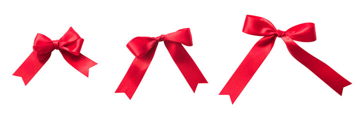 Red bow ribbon band satin fabric knot tied (PNG isolated on transparent background) for Holiday banner design, greeting card and Christmas gift decoration