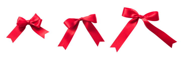 Red bow ribbon band satin fabric knot tied (PNG isolated on transparent background) for Holiday banner design, greeting card and Christmas gift decoration