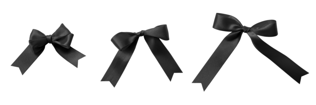 Black bow ribbon satin fabric band knot tied (png isolated on transparent background) for funeral formal invitation condolence card banner design decoration ornament