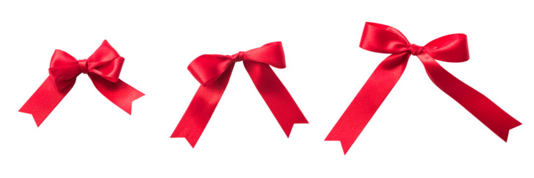 Red bow ribbon band satin fabric knot tied (PNG isolated on transparent background) for Holiday banner design, greeting card and Christmas gift decoration - Powered by Adobe