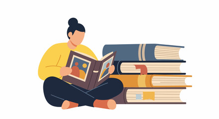 Stylized woman reading a book with family pictures, next to a stack of books