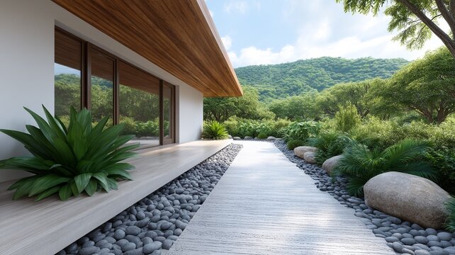 Modern house with wooden overhang and pathway surrounded by lush green landscaping and rolling hills