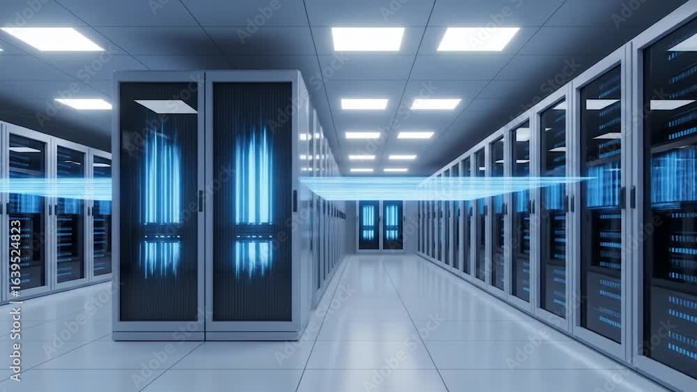 Poster data center servers with blue light streaks conveying high speed data transfer and processing