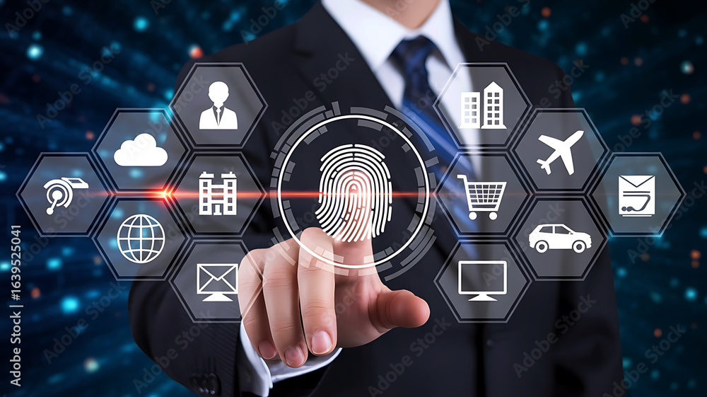 Poster businessman touches a digital fingerprint scanner surrounded by icons representing various services 