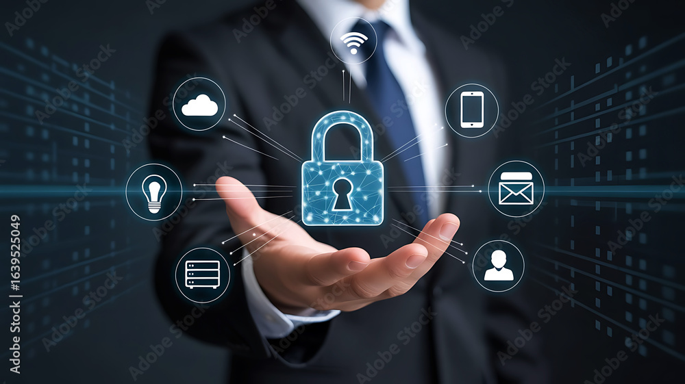 Poster businessman holding a glowing digital padlock symbolizing cybersecurity and data protection with net