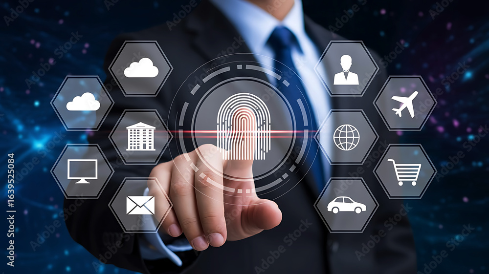 Poster businessman interacting with a digital interface of interconnected service icons and a central finge