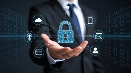 Businessman holding a glowing digital padlock symbolizing cybersecurity and data protection with network icons surrounding him