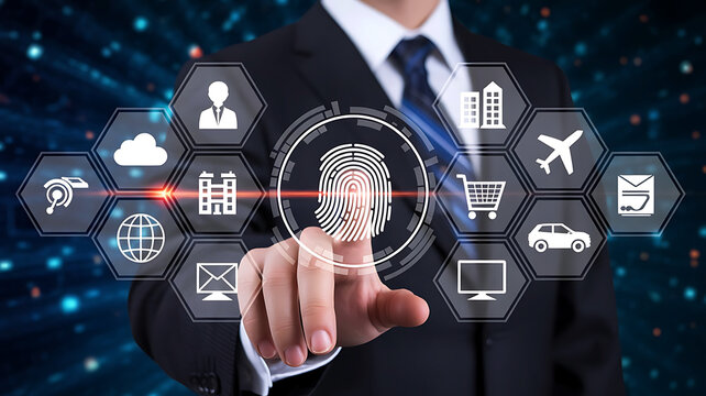 Businessman touches a digital fingerprint scanner surrounded by icons representing various services and data