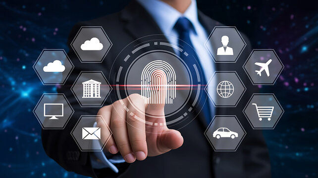 Businessman interacting with a digital interface of interconnected service icons and a central fingerprint scan
