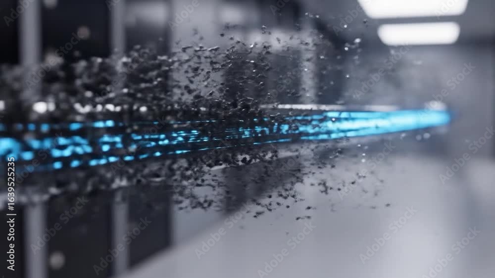 Poster data stream disintegration: abstract digital debris in server room